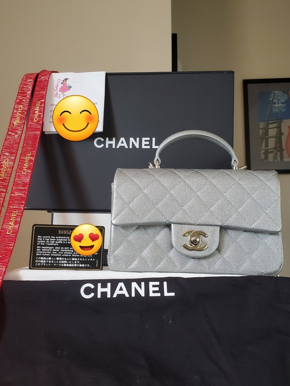 Chanel Classic Mini Silver Top Handle Silver Caviar Hw Bag